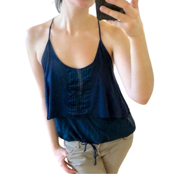 Y2K Dallin Chase Blue Pleated Silk Sporty Drawstring Racer Back Tank Top XS S M - Picture 1 of 9